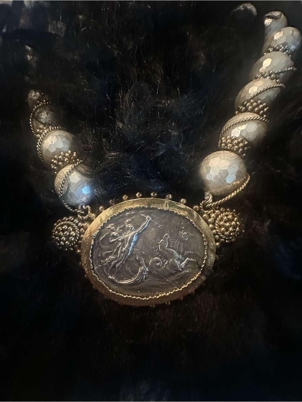 Gold Medallion Necklace with mother of pearl Silver-Gray Beads